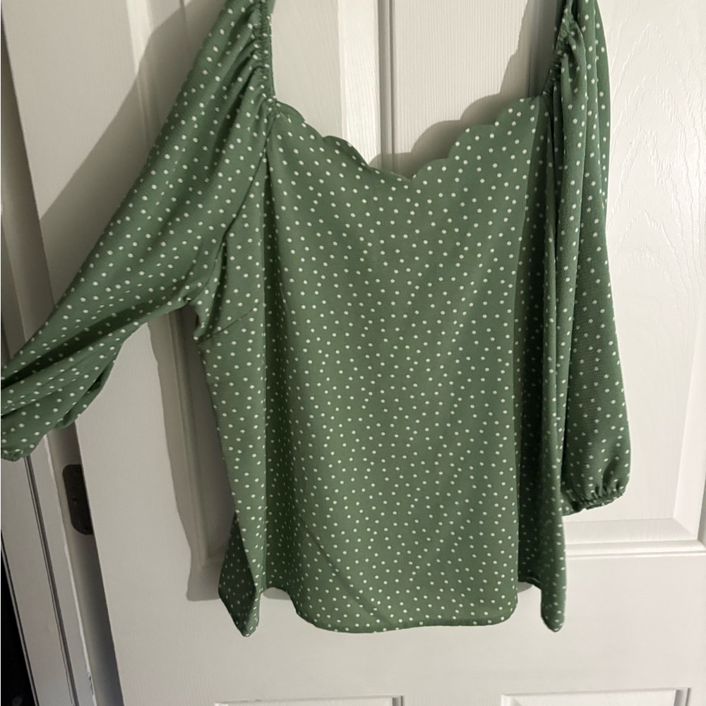 Monteau Green and White polka dot off the shoulder shirt